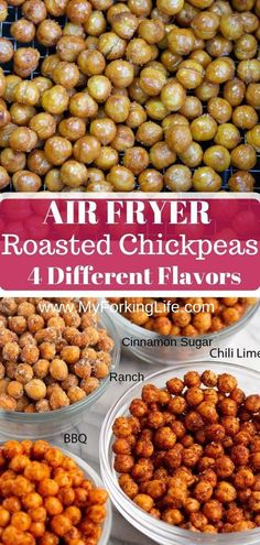 air fryer roasted chickpeas and different flavors in bowls with text overlay