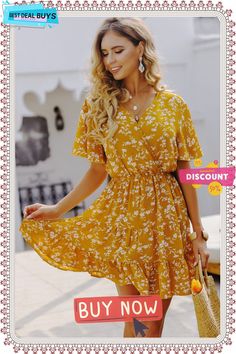 Spring Summer Sexy Short Floral Dress Women Butterfly Sleeve V Neck Print Party Dresses for Women Casual Ruffles Yellow Non-stretch Mini Dress, Non-stretch V-neck Dress With Ruffles, Yellow V-neck Dress With Ruffle Hem, Non-stretch Mini Dress With Ruffles And Short Sleeves, Yellow Party Dress With Ruffle Hem, Non-stretch Ruffled Dresses For Brunch, Vacation Dresses With Ruffle Hem, Non-stretch V-neck Flirty Dress, Yellow Ruffled Dress For Date Night