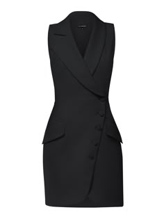 This blazer mini dress offers a chic take on power dressing with its structured cut that delivers timeless elegance, while its asymmetric lapels and double-breasted button closure add a contemporary touch.  The design is cinched at the waist and detailed with flap pockets to create an elegant, structured silhouette. Mindfully made from a luxurious stretch crêpe fabric, it is fully lined with silky satin for a smooth glide.  It is a sartorial chameleon, perfect for those who love their fashion with a side of versatility. Hand wash only. Wash inside out with like colours. Do not wring or twist. Do not tumble dry. Iron at 160°C max or use press cloth. Do not bleach. Professional dry clean. Dresses Office Wear, Black Graduation Dress College Classy, Monochrome Dress, Tailored Dress For Work, Business Formal Dresses, Suit Dress, Blazer Dress Outfits Classy, Black Office Dress, Blazer Dress Outfits