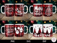 four mugs with christmas designs on them, one is red and the other is white