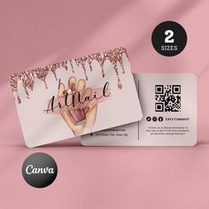 two business cards with pink glitter on them