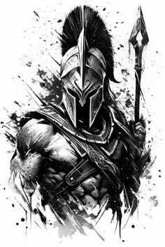 a black and white drawing of a spartan