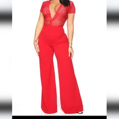 Size Medium Lace Jumpsuit Deep V Neck Key Hole Back With Button Closure Wide Leg Red Fitted V-neck Jumpsuits And Rompers, Red V-neck Fitted Jumpsuit, Red Jumpsuits And Rompers For Night Out, Casual Party Overalls, Red V-neck Jumpsuit For Night Out, Casual High Waist Pantsuit For Party, Formal V-neck Bodysuit, Chic Red Short Sleeve Jumpsuits And Rompers, Spring Red Pantsuit For Night Out