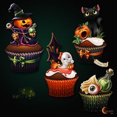 halloween cupcakes with pumpkins, witches and ghost on them are featured in this image