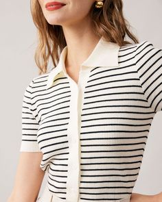 Details:- Lapel Neck- Button Up- Collared Top- Stripe Pattern- Polyester- Preppy- Short Sleeves- RibbedFabric:This Knitted Top is made of Viscose, Polyester, and Nylon. Viscose (aka rayon) is a man-made cellulosic fiber made from wood pulp. It's soft, breathable, durable, and moisture-wicking. Polyester is an artificial fiber that feels soft, looks lustrous, and dries fast. It's also durable, with good resistance to wrinkles, stains, and sunlight. Nylon is a flexible synthetic fiber, waterproof, Tailored Clothes, Preppy Sweater, Polo Sweater, Short Sleeved Sweaters, Knitted Tank Top, Short Sleeve Polo, Look Chic, Striped Shorts, Striped Knit