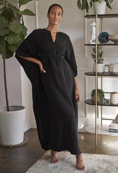 Eco Friendly Black Belted Cupro Long Caftan | ocean+main Quoi Porter, Long Kaftan, Cotton Plant, Gauze Dress, By The Ocean, Caftan Dress, Plus Size Maxi Dresses, Style Maxi Dress, 50 Fashion