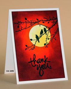 a thank card with two birds sitting on a branch in front of a full moon