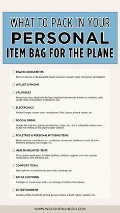 what to pack in your personal item bag for the plane - travel packing checklist