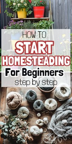 Colorful plants and yarn on a wooden table with the text, "How to Start Homesteading for Beginners, Step by Step." Cozy and inviting atmosphere. Homesteading Diy Projects, Permaculture Principles, Happy Homemaking, Home Canning Recipes, Homesteading Diy, Homestead Farm, Homestead Gardens, Homesteading Skills