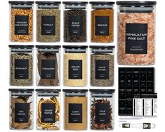 a variety of spices and seasonings in glass containers with labels on the side, including himalayan pink salt