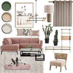 a living room with pink couches, chairs and other items in the color scheme