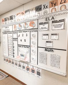 a bulletin board with many different types of letters and numbers on it in a hallway