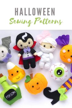 halloween sewing patterns for felt dolls with text overlay that reads, halloween sewing patterns