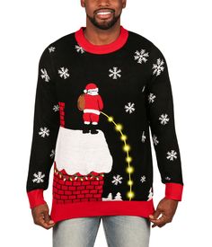 Feel like indulging your naughty side this year? Offend Grandma with this hilarious Men's Leaky Roof Light Up ugly Christmas sweater. This long-sleeved one-piece is as snuggly as it is offensive, and just when you thought it couldn't get any better, Santa's pee stream lights up the night. But, not to worry - his stream will outlast the wash again and again. There's more where that came from. Light Up Christmas Sweater, Christmas Outfit Men, Leaky Roof, Mens Ugly Christmas Sweater, Tipsy Elves, Funny Sweaters, Contemporary Christmas, Christmas Sweater Men, Xmas Sweater