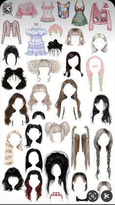 many different types of wigs are shown in this drawing style, including long hair and bangs