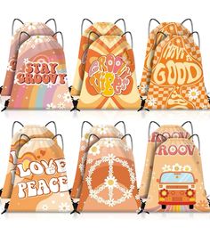 six bags with peace signs on them and the words love peace written in different languages