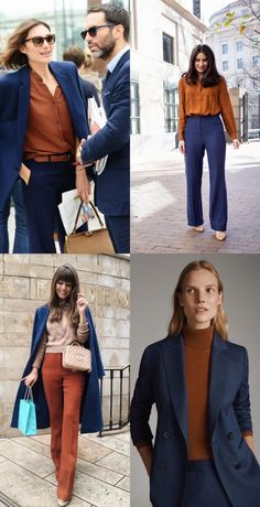 Plum Blazer Outfit Work, Court Outfits For Women Fall, Navy And Brown Outfits For Women, Deep Autumn Outfits For Winter, Deep Winter Outfits Style, Orange Business Outfit, Deep Winter Casual Outfits, Rust Blazer Outfit, Rust Colored Pants Outfit