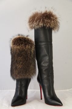 High Heel Boots With Fur, Fur Heel Boots, Fur Boots Heels, Fox Fur Boots, Fur Boots Women, Fur Heels, Fur Shoes, Faux Fur Boots, Heels Fashion