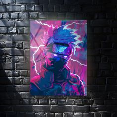 a brick wall with a painting of a person wearing a mask and lightning in the background