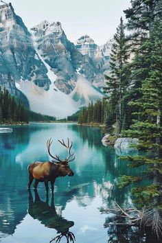 a moose standing in the middle of a lake surrounded by mountains