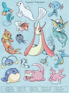 an image of various pokemons and their names on a blue background with the words aquatic pokemon