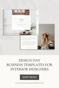 a woman in a hat with the words design day business templates for interior designers