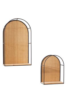 two arched wooden shelves with metal frames