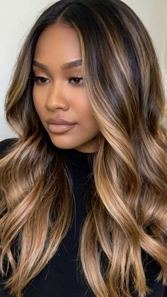 Brown Hair With Brown Balayage, Spring Hair Ideas For Brunettes, Best Highlights For Dark Brown Hair, Extensions Before And After, Caramel And Blonde Highlights, Brown And Blonde Balayage, Blonde Highlight Ideas, Hair Colors For Dark Skin, Espresso Hair