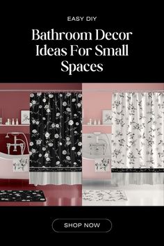 bathroom decor ideas for small spaces with black and white shower curtains, pink walls and rugs