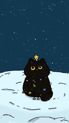 a black cat sitting on top of a snow covered hill under a star filled sky