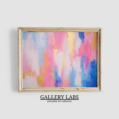 an abstract painting hangs on the wall in front of a gray background that says gallery labs printable art collective