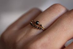 14K Gold & Black Diamond Engagement Ring Set Black Classic Black Diamond Ring For Wedding, Fine Jewelry Black Stackable Rings, Black Stackable Rings Fine Jewelry, Black Stackable Fine Jewelry Rings, Classic Black Jewelry For Wedding, Elegant Black Spinel Diamond Ring For Wedding, Elegant Black Diamond Promise Ring, Classic Wedding Rings With Black Diamonds, Classic Black Jewelry For Proposal