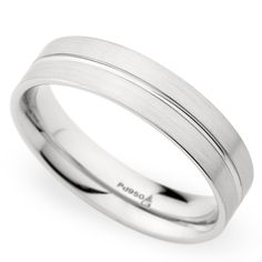 a white gold wedding ring with two lines in the middle and an inscription on the side