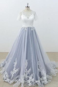 Short Sleeve Appliques Tulle A-line Wedding Dress Blue Wedding Dress, Short Lace Wedding Dress, Ivory Lace Wedding Dress, Short Sleeve Wedding Dress, Beach Bridal Gown, Lace Wedding Dress With Sleeves, Boho Wedding Dress Lace, Dress With Short Sleeves, Boho Lace