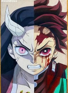 two different colored images of anime characters with red eyes and horns on them, one has blood dripping from his face