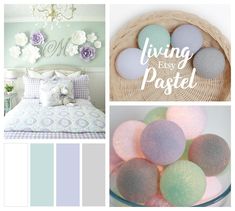 a collage of photos with pastel colors in the bedroom and on the bed