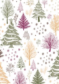 christmas trees and snowflakes on white background with red, green, yellow and purple colors