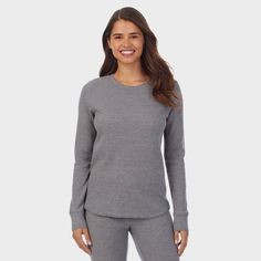 Warm Essentials by Cuddl Duds Women's Waffle Thermal Crewneck Shirt - Graphite Heather M Snug Solid Sweater For Loungewear, Cozy Cotton Tops, Cozy Snug Cotton Top, Super Soft Solid Tops With Cozy Fit, Snug Cozy Top In Solid Color, Comfortable Winter Tops For Relaxation, Relaxed Fit Winter Sleep Tops, Winter Sleep Tops With Relaxed Fit, Relaxed Fit Sleep Top For Winter