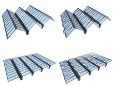 four different angles of an office building with glass panels on the top and bottom floors