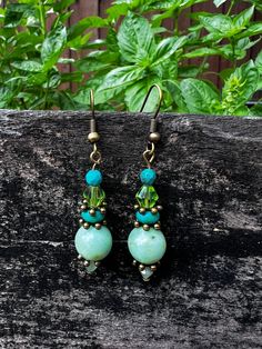 Earrings Made with Turquoise, Green Beads and Antique Brass Jade Beaded Earrings For Jewelry Making, Bohemian Jade Earrings, Bohemian Green Handmade Crystal Earrings, Bohemian Jade Earrings With Ear Wire, Handmade Bohemian Green Crystal Earrings, Beaded Jade Earrings As A Gift, Bohemian Nickel Free Jade Earrings, Nickel Free Bohemian Jade Earrings, Turquoise Czech Glass Dangling Earrings