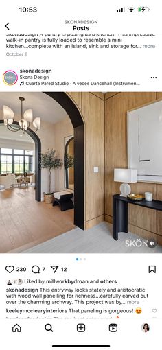 an image of a living room with wood paneling on the walls and ceiling, as well as pictures