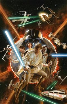 the star wars movie poster is shown with many characters and vehicles in front of them