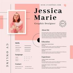 a pink and white resume with a photo on the front, an image of a woman's face