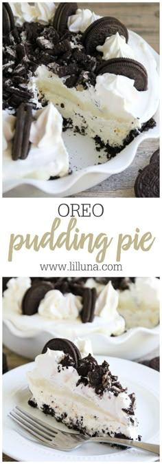 oreo puddinging pie on a white plate with the title overlay above it