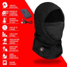 The ActionHeat 5V Battery Heated Balaclava is designed for people who take on the outdoors, head-on. Featuring a tight, stretchy fit to trap your head's natural heat, you will love the extra comfort of strategically placed heating panels on both ears. Once the Balaclava is powered on, the heating elements quickly heat up your ears and head in under 10 seconds. The rechargeable 5V lithium-polymer batteries deliver 3 levels of heat, controlled by the temperature controller on the Balaclava. The Ba Black Windproof Hooded Balaclava, Functional Black Windproof Balaclava, Windproof Techwear Balaclava For Winter, Black Windproof Functional Balaclava, Black Functional Windproof Balaclava, Black Windproof Balaclava For Outdoor, Functional Black Balaclava For Outdoor Activities, Functional Black Balaclava For Cold Weather, Black Sports Balaclava With Fleece Lining