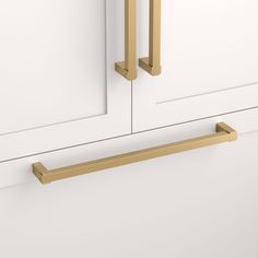 a close up of two handles on a white cabinet