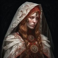 a woman with long red hair wearing a white veil and headdress is looking at the camera