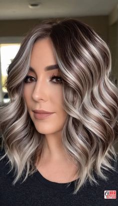 Hair Color To Incorporate Gray, Blonde Hair Two Tone, Blending Gray With Dark Hair, Brown Hair With Grey Balayage, Blonde Hair Turning Gray, Highs And Lows Hair Highlights, Darker Hair Color Ideas Balayage, Burnett With Money Piece, Cool Blonde And Brown Hair Color