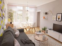 a living room filled with furniture and a flat screen tv