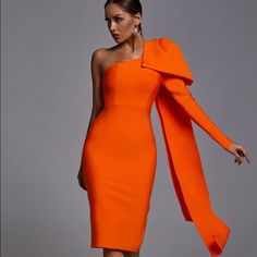 Orange One Shoulder Bandage Dress Size: Medium Material: Bandage (90% Rayon, 9% Nylon, 1% Spandex) Brand New! Never Worn! Runs Small Long Bow, Stella Dress, Bandage Dress Black, Midi Party Dress, One Shoulder Midi Dress, Bandage Midi Dress, Stylish Clothes For Women, Looks Chic, One Shoulder Tops